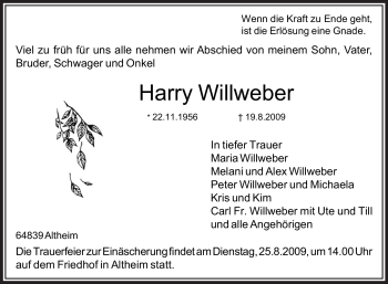 Traueranzeige von Harry Willweber von OFFENBACH-POST/HANAU-POST