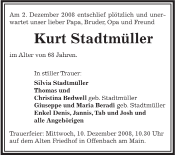 Traueranzeige von Kurt Stadtmüller von OFFENBACH-POST/HANAU-POST