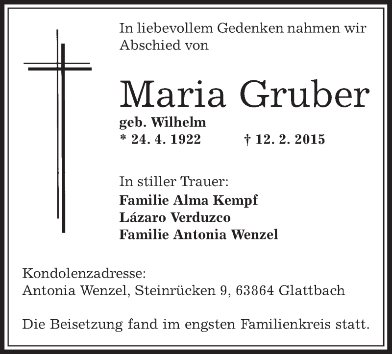  Traueranzeige für Maria Gruber vom 04.03.2015 aus Offenbach