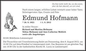 Traueranzeige von Edmund Hofmann von OFFENBACH-POST/HANAU-POST