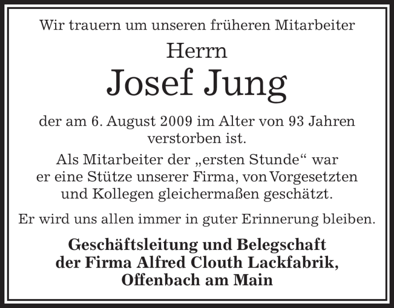  Traueranzeige für Josef Jung vom 15.08.2009 aus OFFENBACH-POST/HANAU-POST
