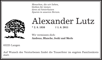 Traueranzeige von Alexander Lutz von OFFENBACH-POST/HANAU-POST