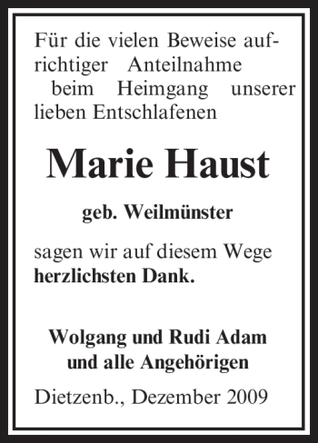 Traueranzeige von Marie Haust von OFFENBACH-POST/HANAU-POST