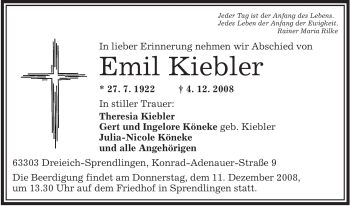 Traueranzeige von Emil Kiebler von OFFENBACH-POST/HANAU-POST