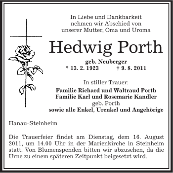 Traueranzeige von Hedwig Porth von OFFENBACH-POST/HANAU-POST