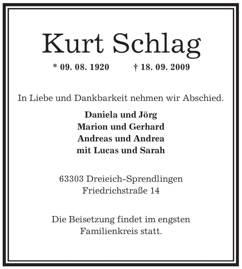  Traueranzeige für Kurt Schlag vom 24.09.2009 aus OFFENBACH-POST/HANAU-POST