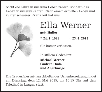 Traueranzeige von Ella Werner von Offenbach