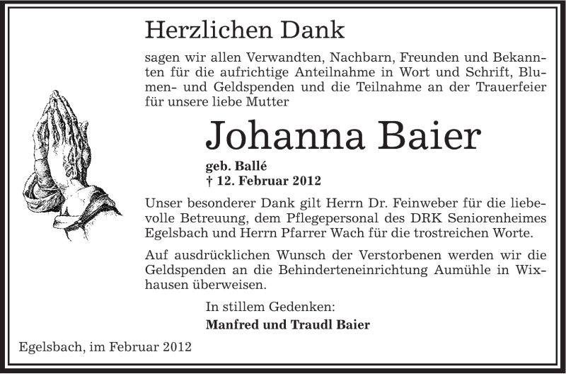  Traueranzeige für Johanna Baier vom 23.02.2012 aus OFFENBACH-POST/HANAU-POST