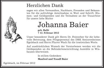 Traueranzeige von Johanna Baier von OFFENBACH-POST/HANAU-POST