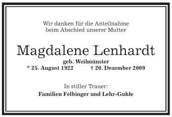 Traueranzeige von Magdalene Lenhardt von OFFENBACH-POST/HANAU-POST