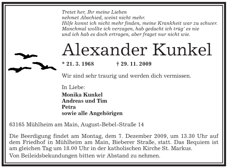  Traueranzeige für Alexander Kunkel vom 03.12.2009 aus OFFENBACH-POST/HANAU-POST