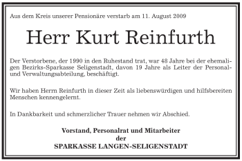 Traueranzeige von Kurt Reinfurth von OFFENBACH-POST/HANAU-POST