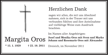 Traueranzeige von Margita Oros von OFFENBACH-POST/HANAU-POST