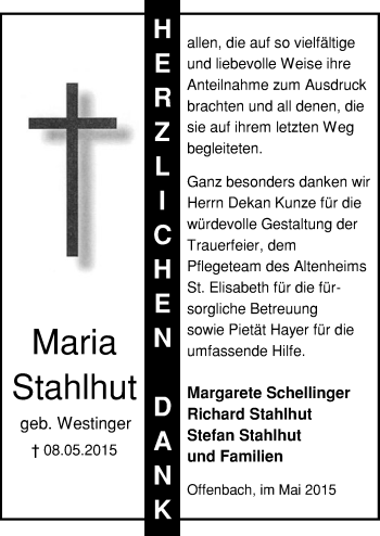 Traueranzeige von Maria Stahlhut von Offenbach