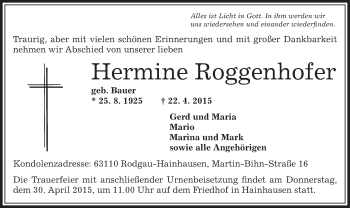 Traueranzeige von Hermine Roggenhofer von Offenbach