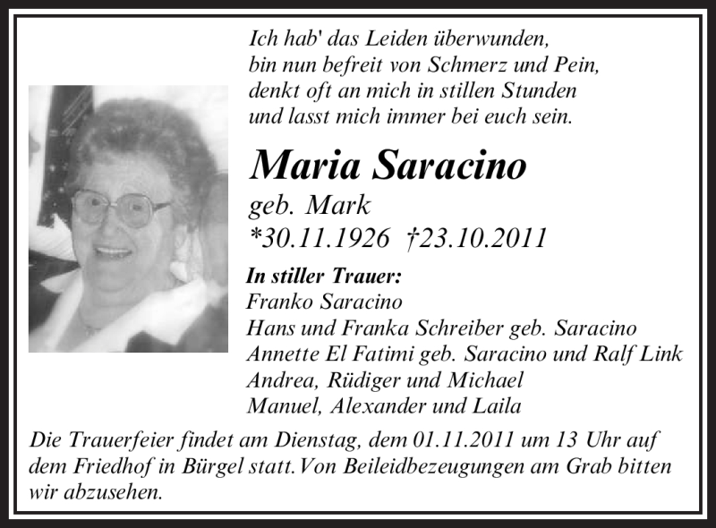  Traueranzeige für Maria Saracino vom 29.10.2011 aus OFFENBACH-POST/HANAU-POST