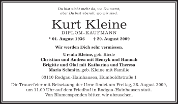 Traueranzeige von Kurt Kleine von OFFENBACH-POST/HANAU-POST