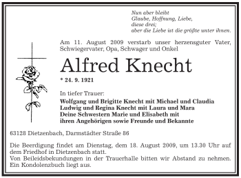 Traueranzeige von Alfred Knecht von OFFENBACH-POST/HANAU-POST