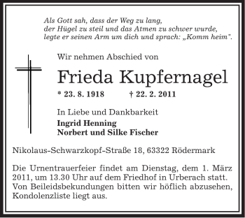 Traueranzeige von Frieda Kupfernagel von OFFENBACH-POST/HANAU-POST