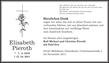 Traueranzeige von Elisabeth Pieroth von OFFENBACH-POST/HANAU-POST