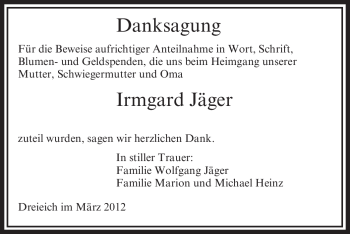 Traueranzeige von Irmgard Jäger von OFFENBACH-POST/HANAU-POST