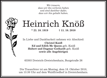 Traueranzeige von Heinrich Knöß von OFFENBACH-POST/HANAU-POST