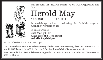 Traueranzeige von Herold May von OFFENBACH-POST/HANAU-POST