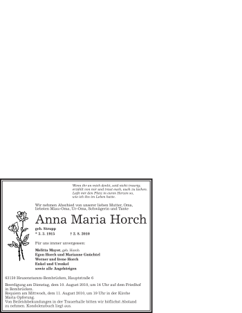 Traueranzeige von Anna Maria Horch von OFFENBACH-POST/HANAU-POST