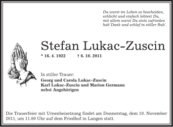 Traueranzeige von Stefan Lukac-Zuscin von OFFENBACH-POST/HANAU-POST