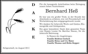 Traueranzeige von Bernhard Heß von OFFENBACH-POST/HANAU-POST