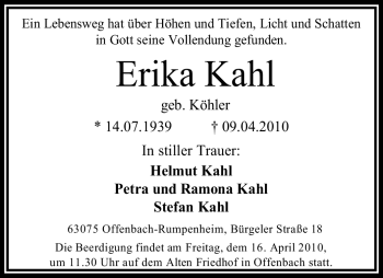 Traueranzeige von Erika Kahl von OFFENBACH-POST/HANAU-POST