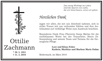 Traueranzeige von Ottilie Zachmann von OFFENBACH-POST/HANAU-POST