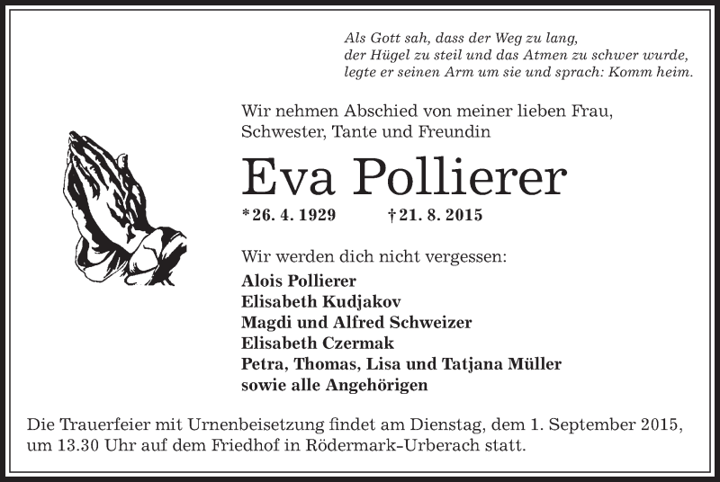  Traueranzeige für Eva Pollierer vom 27.08.2015 aus Offenbach