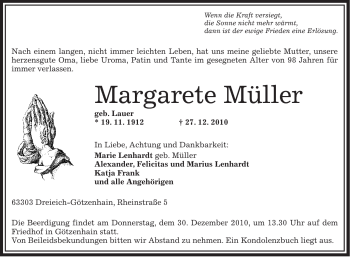 Traueranzeige von Margarete Müller von OFFENBACH-POST/HANAU-POST