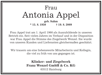 Traueranzeige von Antonia Appel von OFFENBACH-POST/HANAU-POST