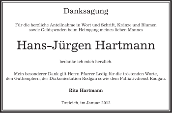 Traueranzeige von Hans-Jürgen Hartmann von OFFENBACH-POST/HANAU-POST