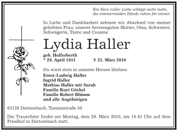 Traueranzeige von Lydia Haller von OFFENBACH-POST/HANAU-POST