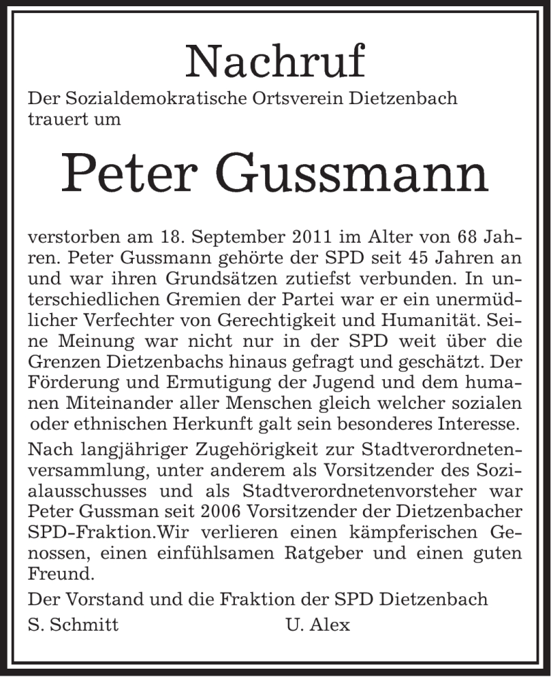  Traueranzeige für Peter Gussmann vom 29.09.2011 aus OFFENBACH-POST/HANAU-POST