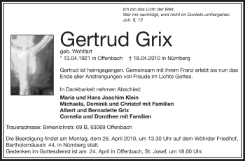 Traueranzeige von Gertrud Grix von OFFENBACH-POST/HANAU-POST