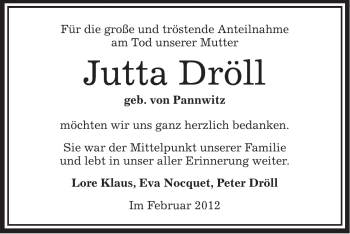 Traueranzeige von Jutta Dröll von OFFENBACH-POST/HANAU-POST