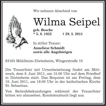 Traueranzeige von Wilma Seipel von OFFENBACH-POST/HANAU-POST