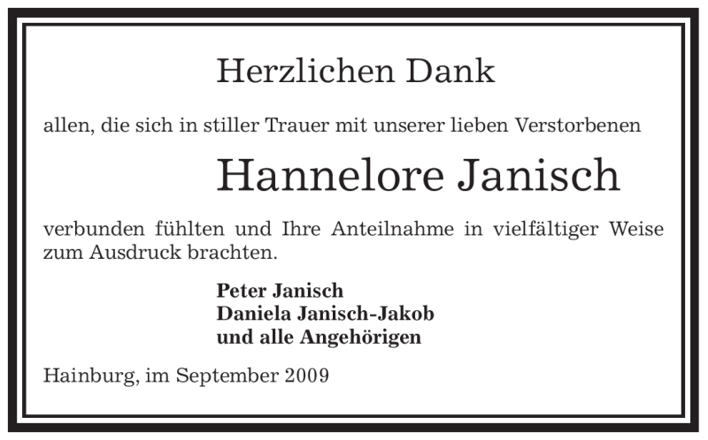  Traueranzeige für Hannelore Janisch vom 24.09.2009 aus OFFENBACH-POST/HANAU-POST