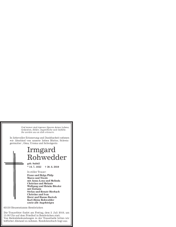 Traueranzeige von Irmgard Rohwedder von OFFENBACH-POST/HANAU-POST