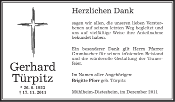 Traueranzeige von Gerhard Türpitz von OFFENBACH-POST/HANAU-POST