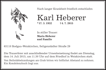 Traueranzeige von Karl Heberer von Offenbach