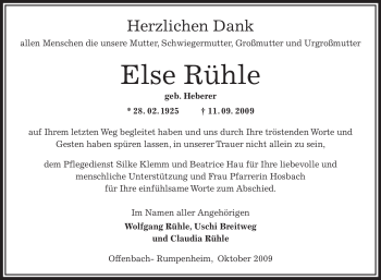 Traueranzeige von Else Rühle von OFFENBACH-POST/HANAU-POST