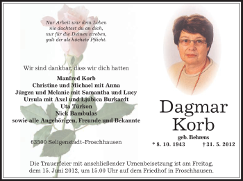 Traueranzeige von Dagmar Korb von OFFENBACH-POST/HANAU-POST