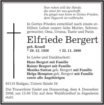 Traueranzeige von Elfriede Bergert von OFFENBACH-POST/HANAU-POST