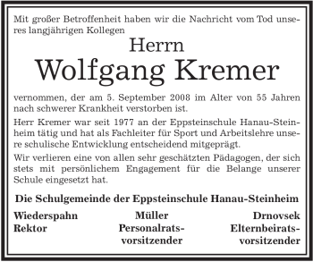 Traueranzeige von Wolfgang Kremer von OFFENBACH-POST/HANAU-POST