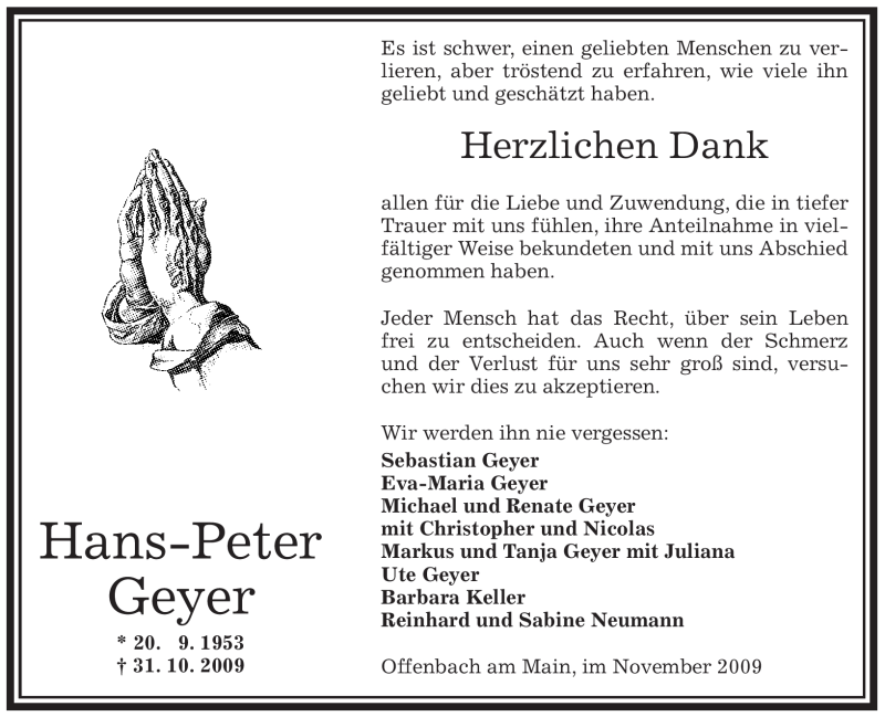 Traueranzeige für Hans-Peter Geyer vom 14.11.2009 aus OFFENBACH-POST/HANAU-POST